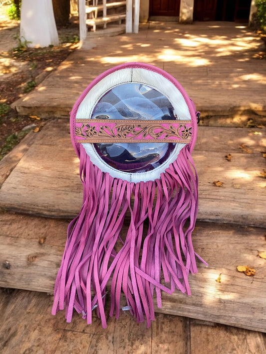 Large Pink Clear Cowhide Cateen Fringe Bag