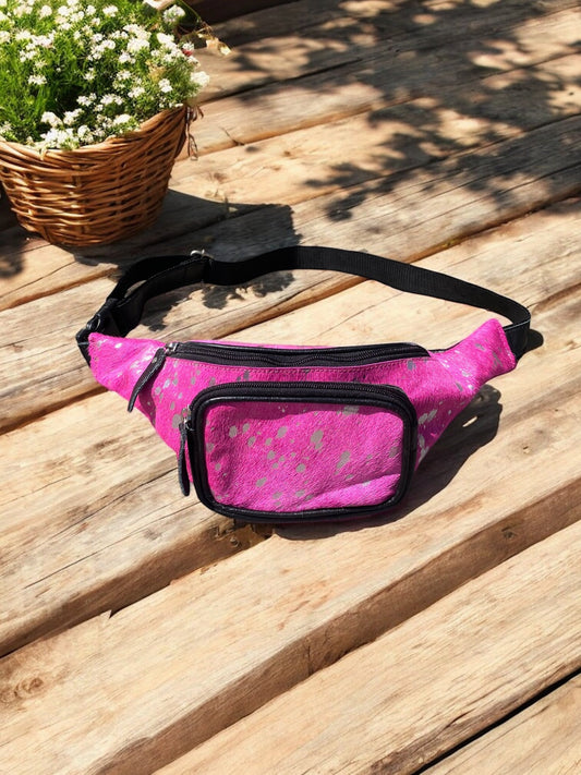 Pink Acid Wash Silver Cowhide Fanny Pack