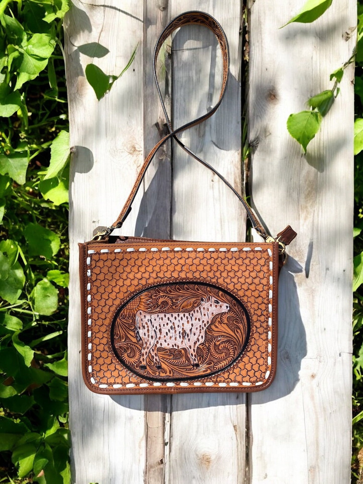 Highland Cow Tooled Leather Crossbody