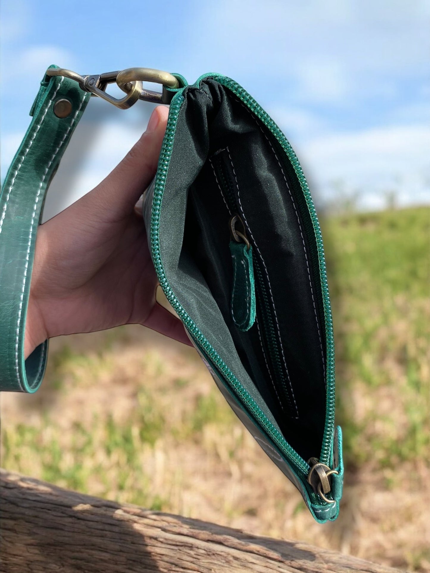 Emerald Boot-Stitch Tooled Rustic Leather Wristlet
