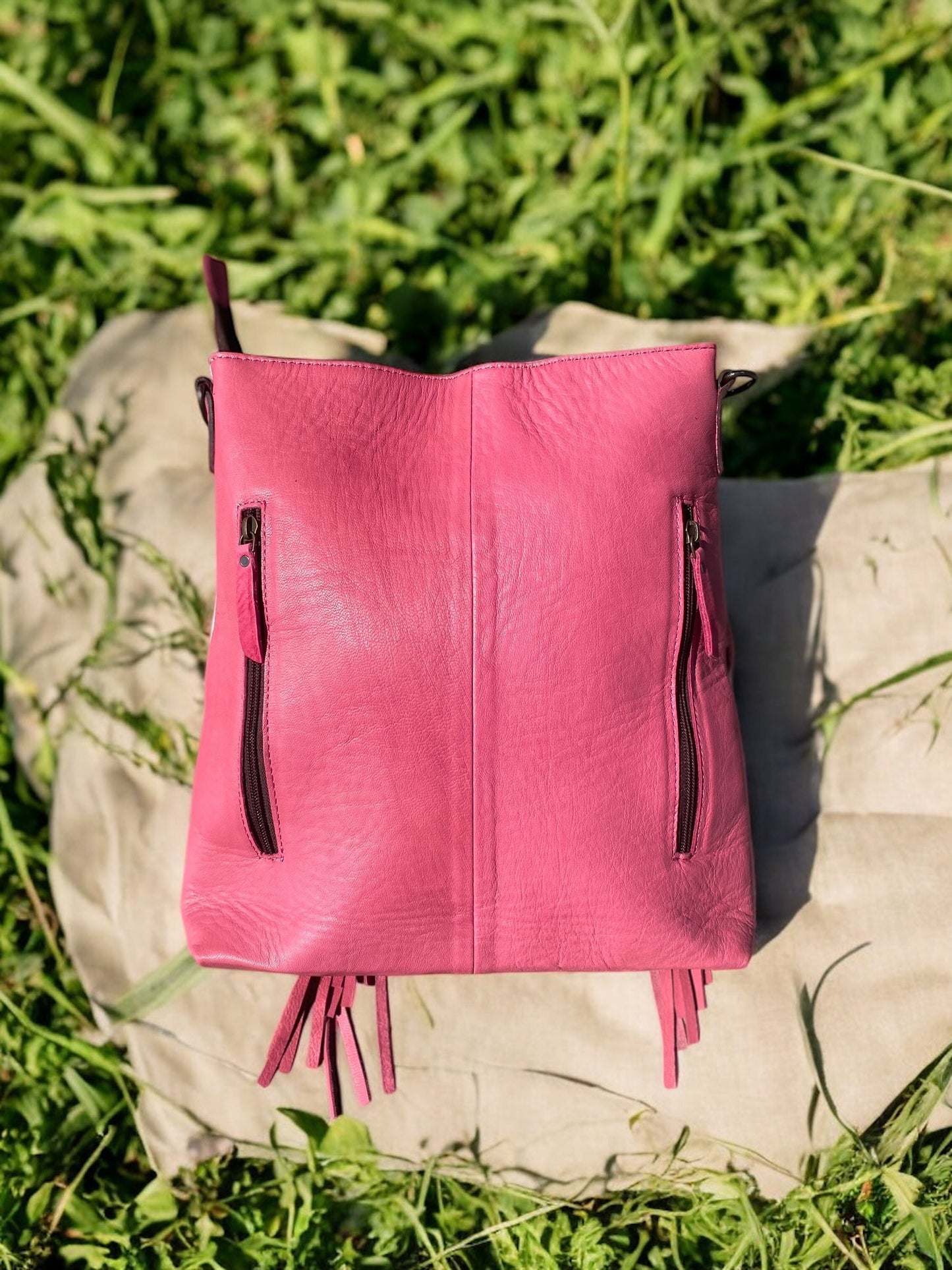 Pink Bucking Horse Cowhide & Fringe Crossbody 