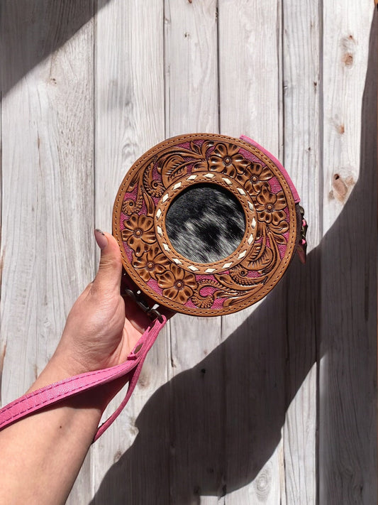 Pink Tooled Leather Round Wristlet