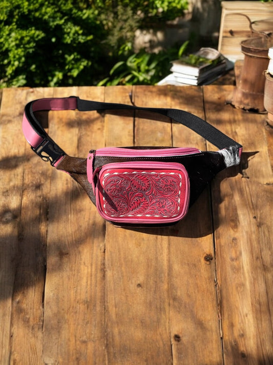 Pink Cowhide Tooled Leather Fanny Pack