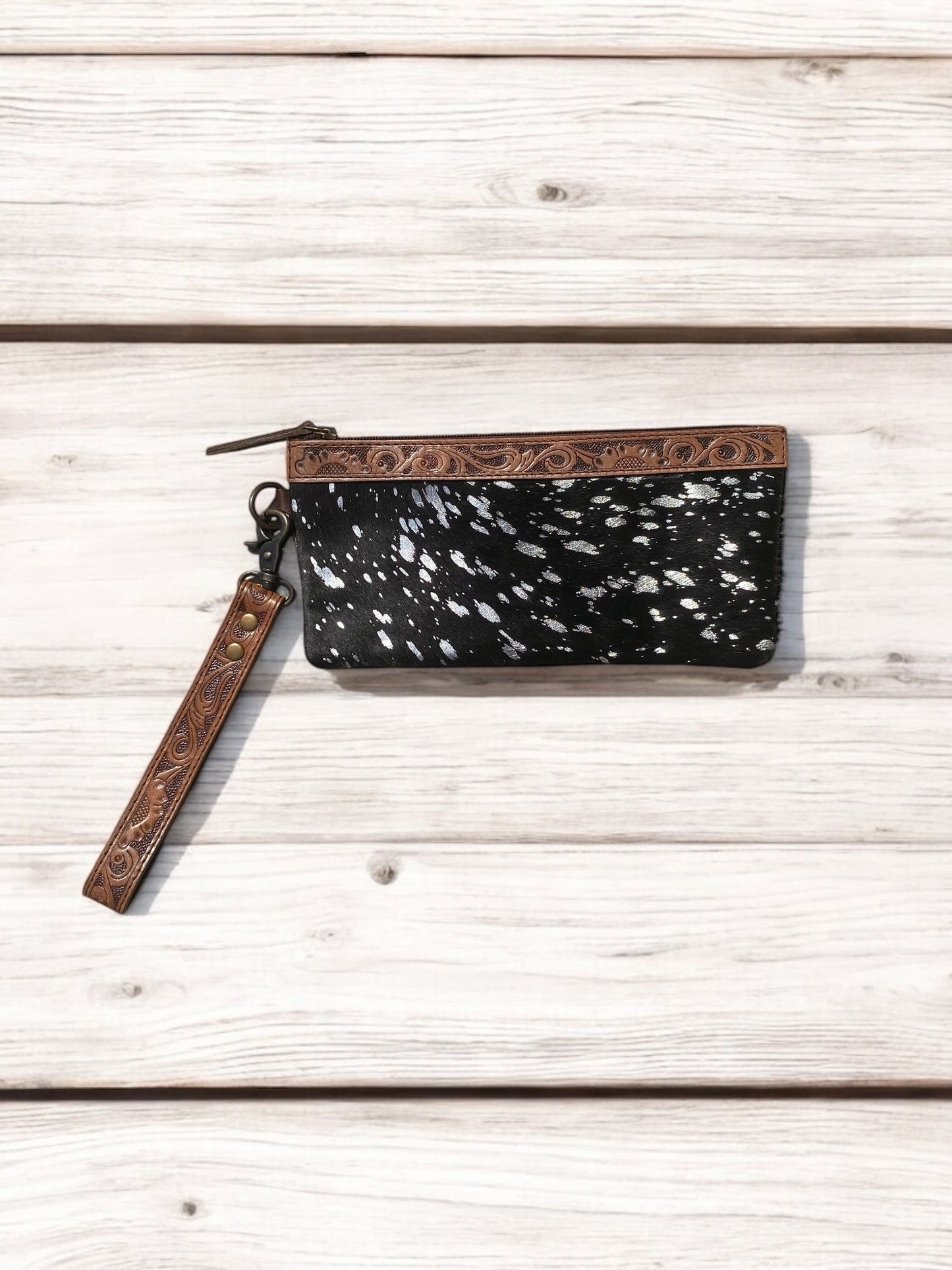 Silver Acid Wash Cowhide Fringe Long Wristlet