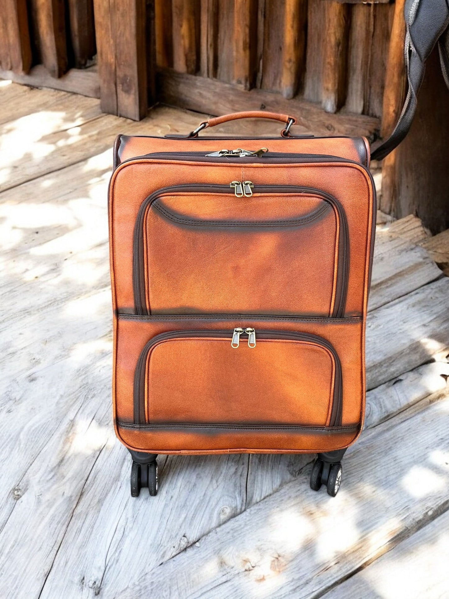 Medium Burn Leather Rolling Suitcase Carry Luggage