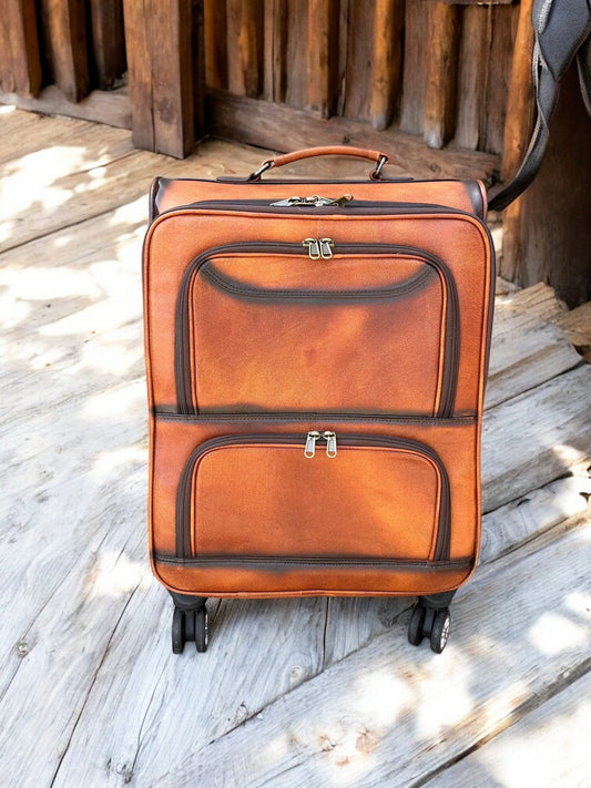Medium Burn Leather Rolling Suitcase Carry Luggage
