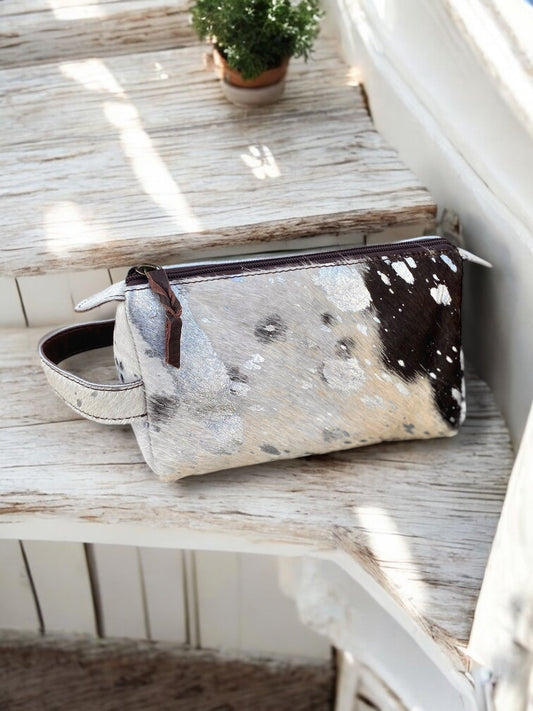 Cowhide Acid Wash Silver Toiletry Bag