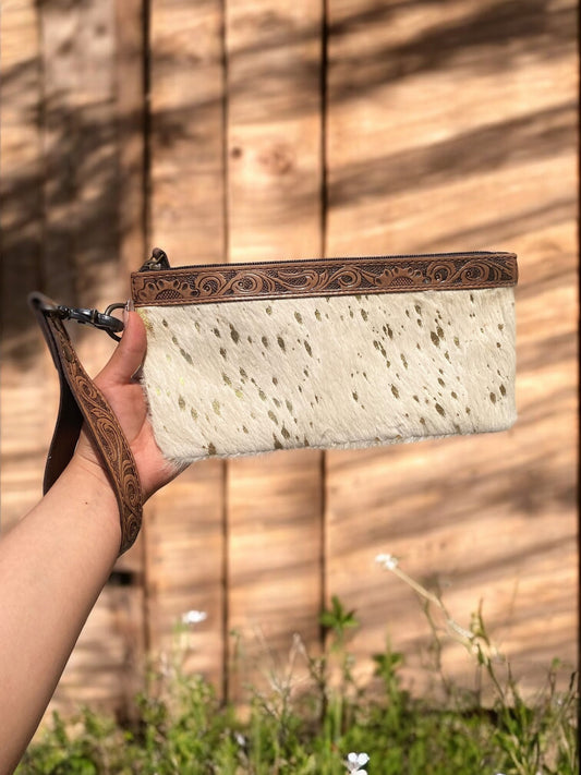 Gold Acid Wash Cowhide Fringe Long Wristlet