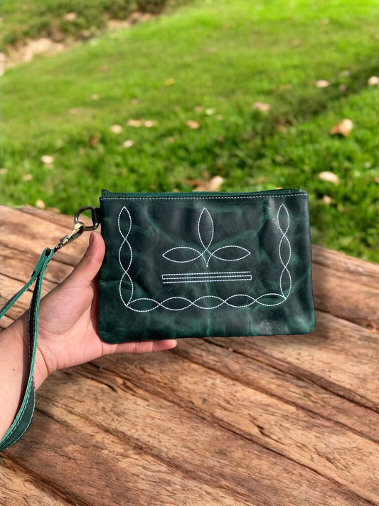 Emerald Boot-Stitch Tooled Rustic Leather Wristlet