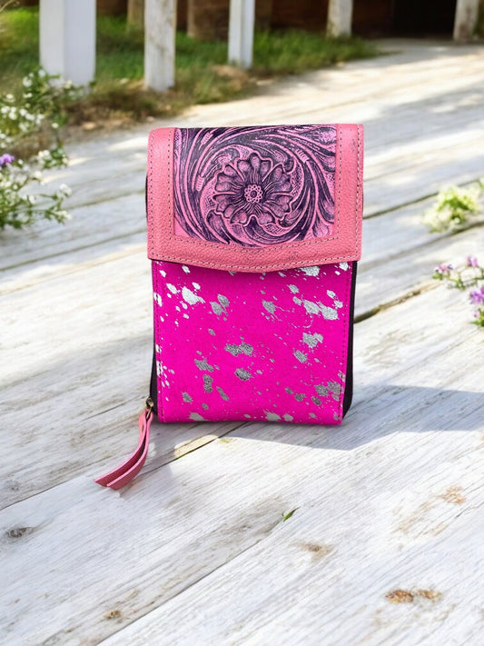 Pink Acid Wash Silver Cowhide & Tooled Crossbody