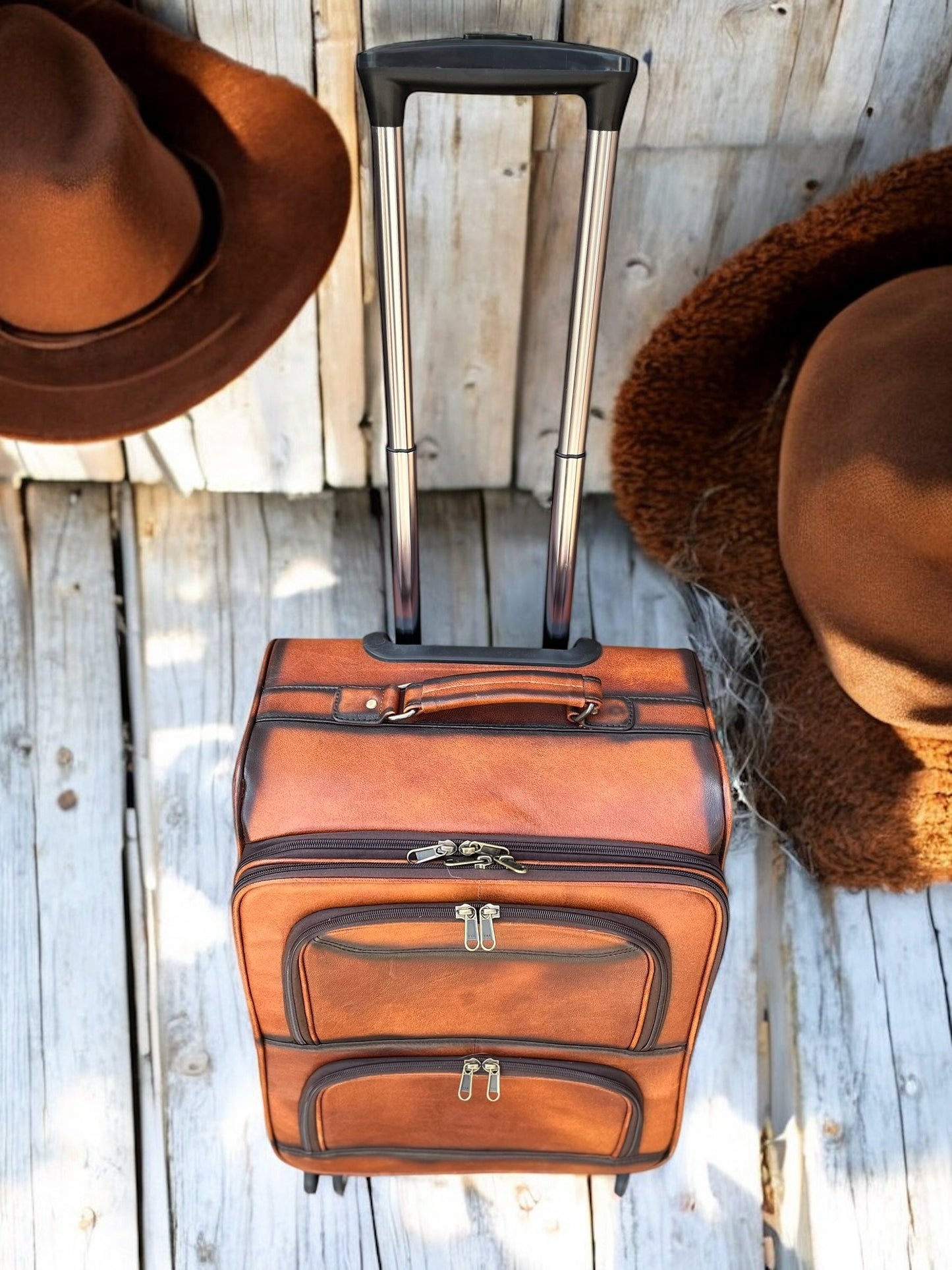 Medium Burn Leather Rolling Suitcase Carry Luggage