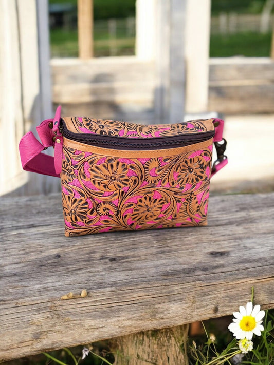 Pink All Tooled Leather Floral Sling Bag