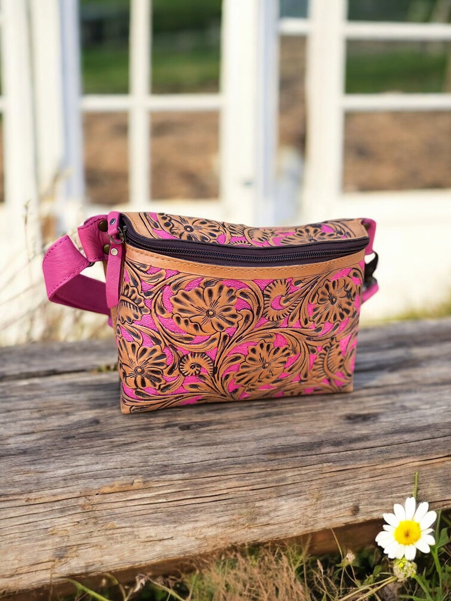 Pink All Tooled Leather Floral Sling Bag