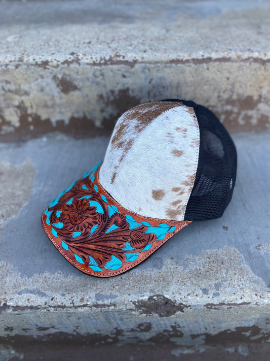 Cowhide Tooled All Turquoise Floral Cap