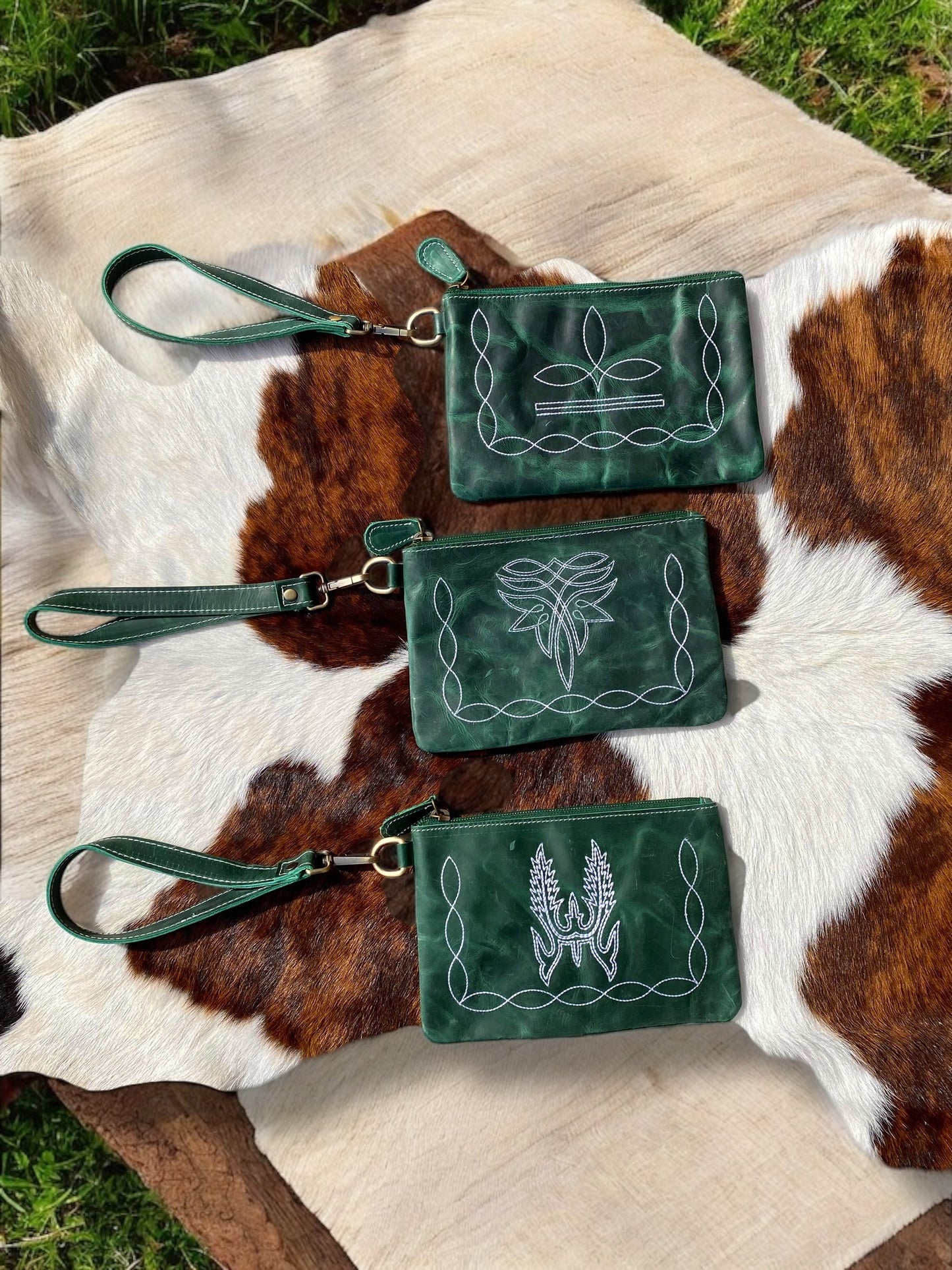 Emerald Boot-Stitch Tooled Rustic Leather Wristlet
