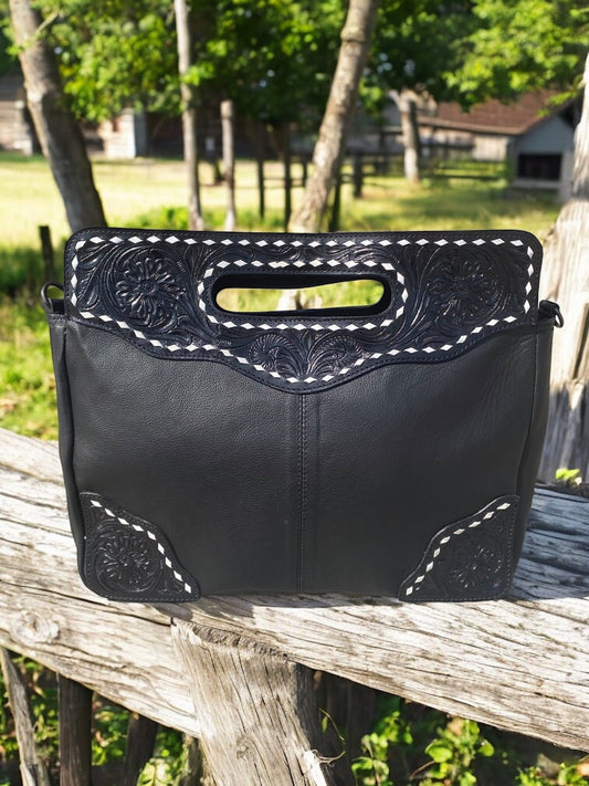 Black Handcrafted Tooled Leather Bag