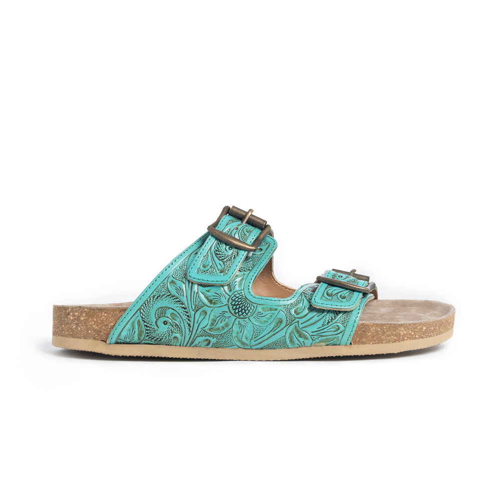 Myra Aurora Mia Embossed Leather Sandals – Dual Strap Buckle with Cork Sole Comfort