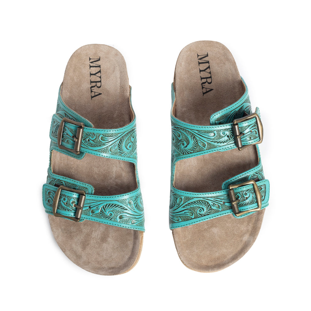 Myra Aurora Mia Embossed Leather Sandals – Dual Strap Buckle with Cork Sole Comfort
