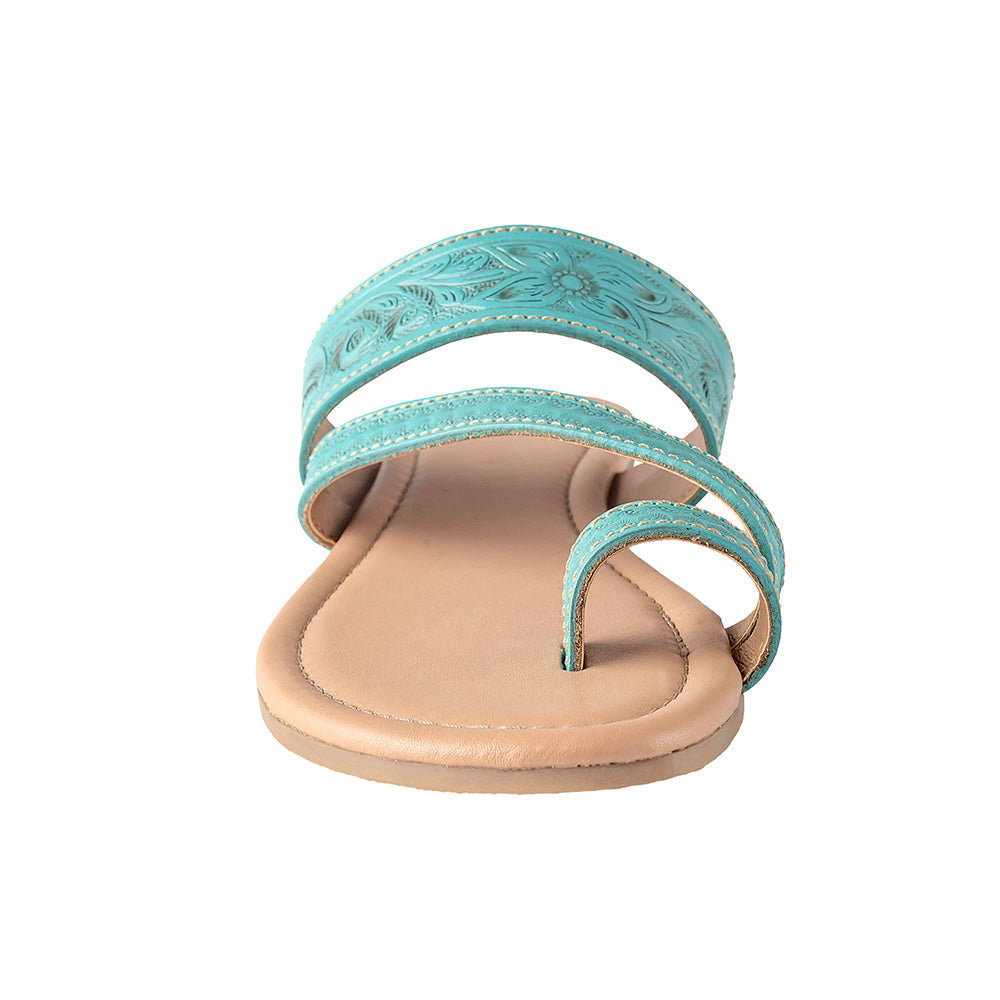 Myra Lannie Mae Embossed Leather Flats – Slip-On Sandals for Women with Triple Strap Design