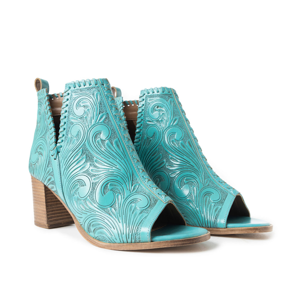 Myra Persimmonee Embossed Leather Heels for Women – Open Toe, Mid Block Heel, Western Cowgirl Fashion for Rodeo Evenings