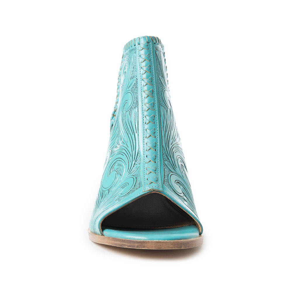 Myra Persimmonee Embossed Leather Heels for Women – Open Toe, Mid Block Heel, Western Cowgirl Fashion for Rodeo Evenings