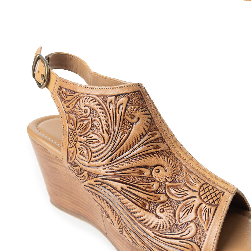 Myra Mila's Trail Embossed Leather Wedge Heels for Women â€“ Tan Floral Design, Adjustable Buckle, Comfortable Western Platform