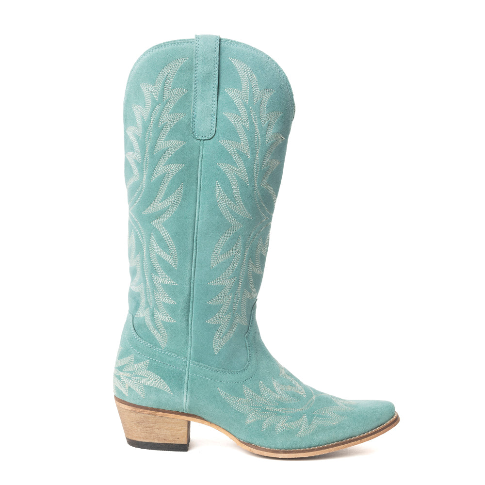 Midnight Trail Embroidered Leather Boots in Shadow Green