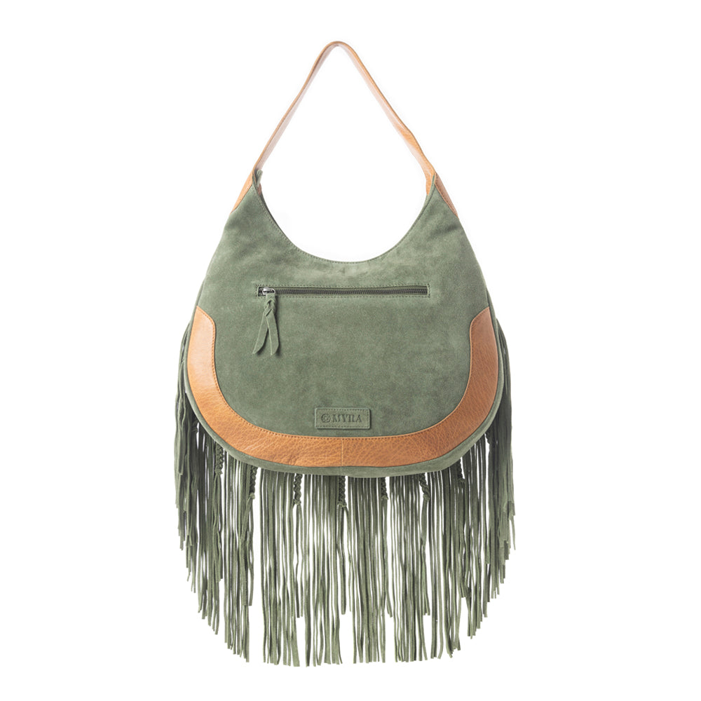 Sage Whisper Fringe Leather Bag in Green
