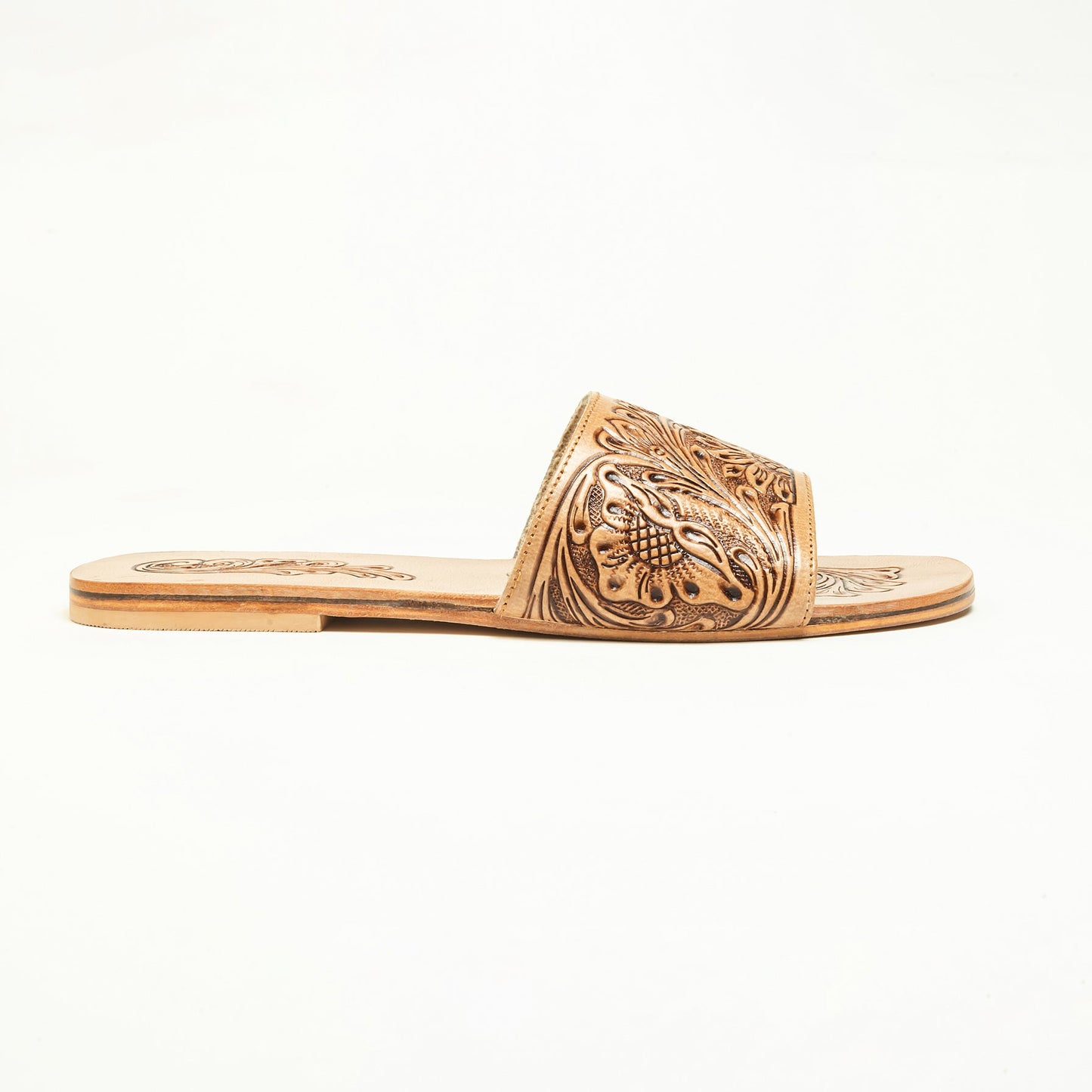 Myra Cactus Lace Handtooled Leather Sandals in Charred Brown