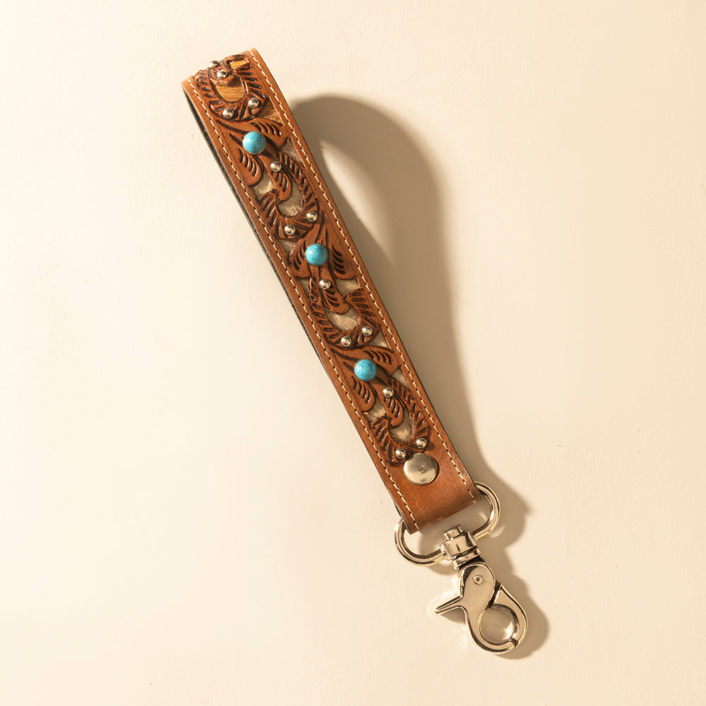 Myra River Glen Handtooled Hairon Leather Key Fob in Honey Turquoise