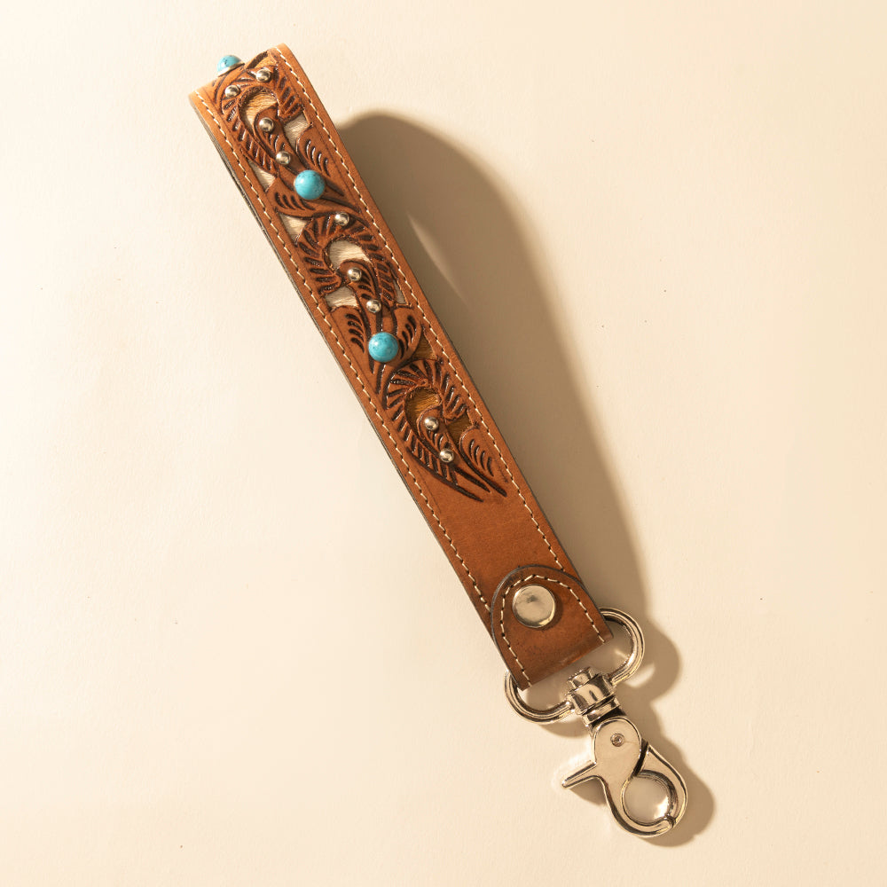 Myra River Glen Handtooled Hairon Leather Key Fob in Honey Turquoise