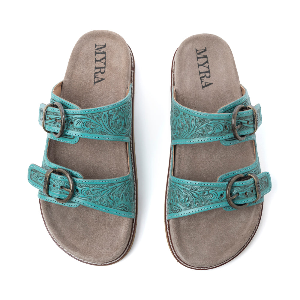 Myra Bluebell Ranch Handtooled Leather Sandals in Alpine Teal