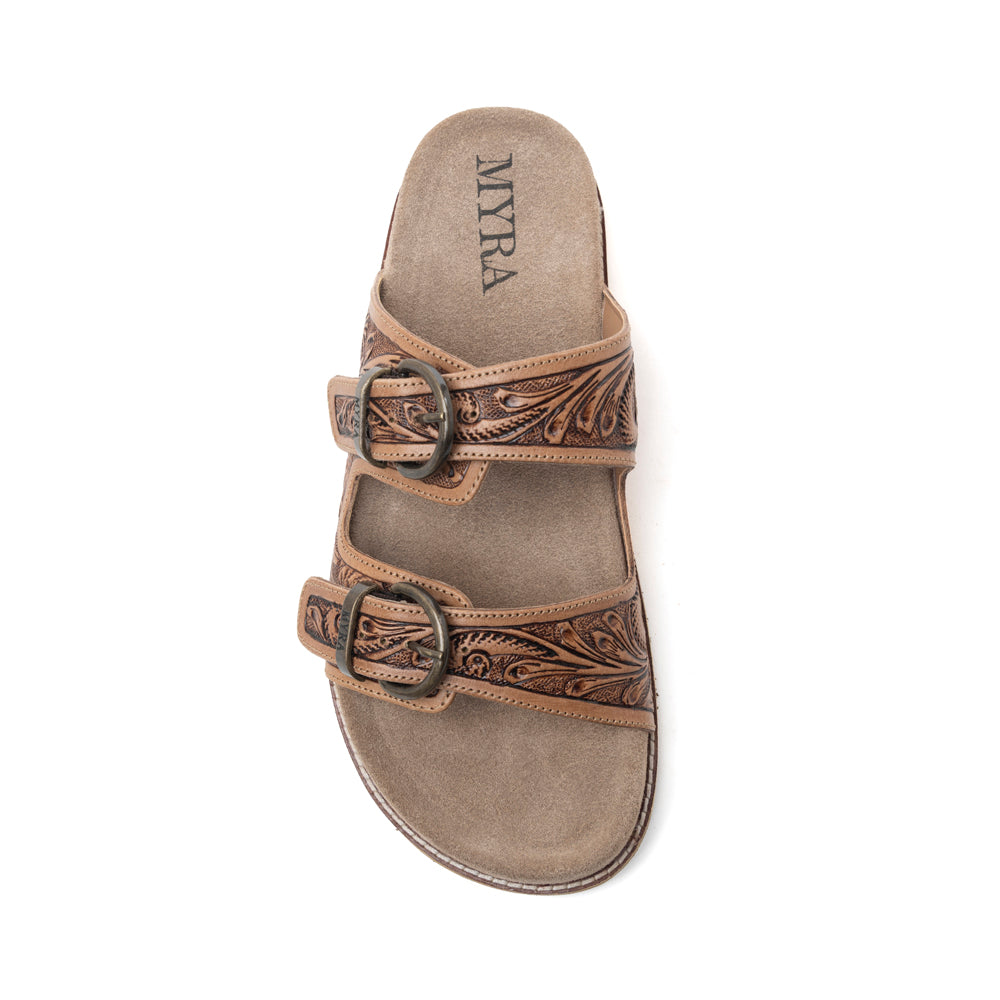 Myra Willow Bloom Handtooled Leather Sandals in Ashen Brown