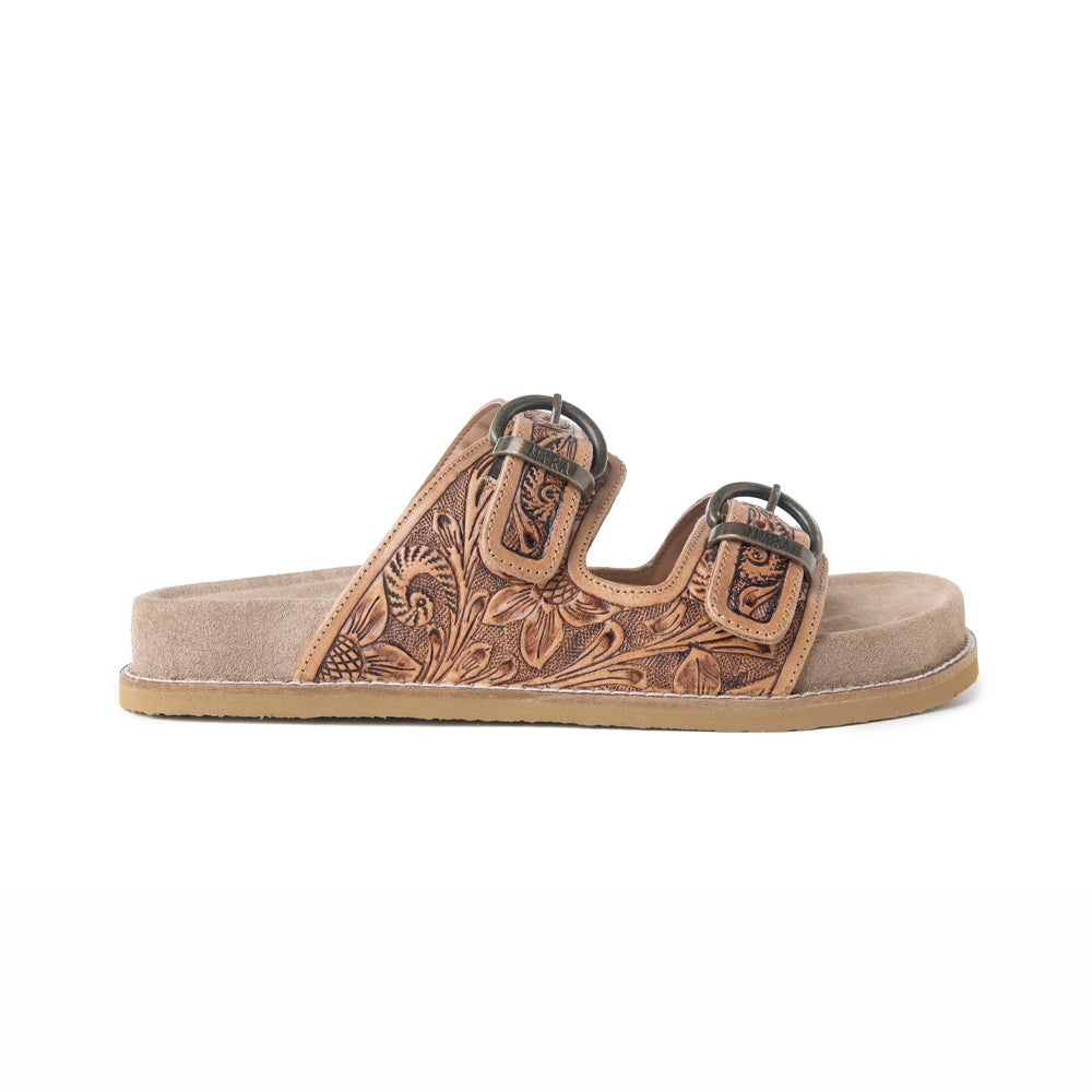 Myra Willow Bloom Handtooled Leather Sandals in Ashen Brown