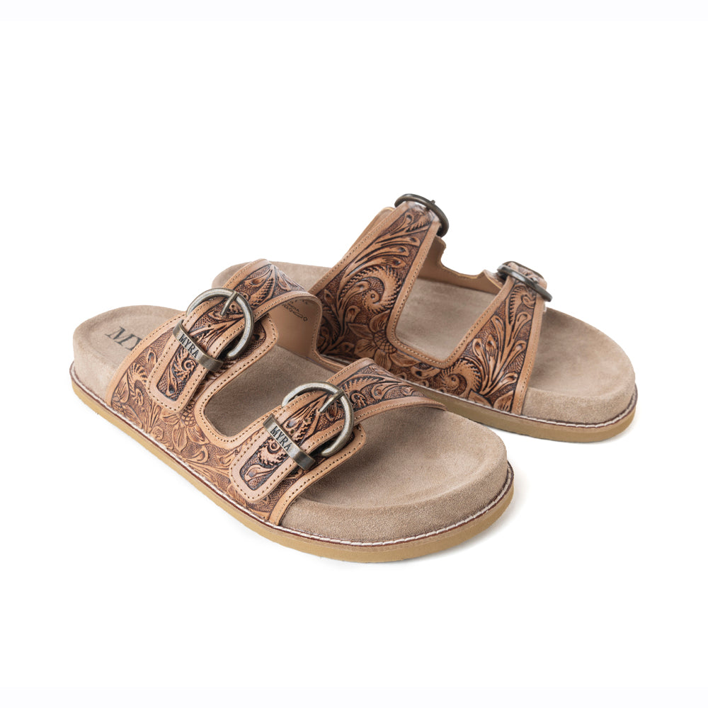 Myra Willow Bloom Handtooled Leather Sandals in Ashen Brown