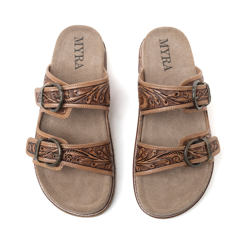 Myra Willow Bloom Handtooled Leather Sandals in Ashen Brown