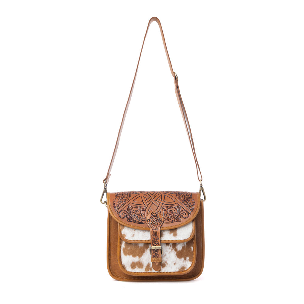 Myra Cedar Range Handtooled Hairon Buckle Leather Bag in Chestnut Ivory
