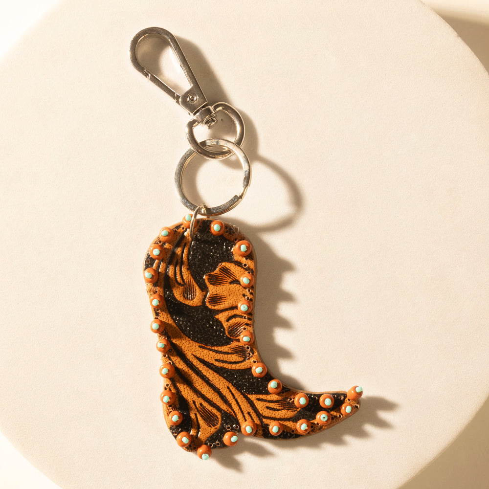Myra Copper Bay Boot Handtooled Leather Key Fob in Rust Orange