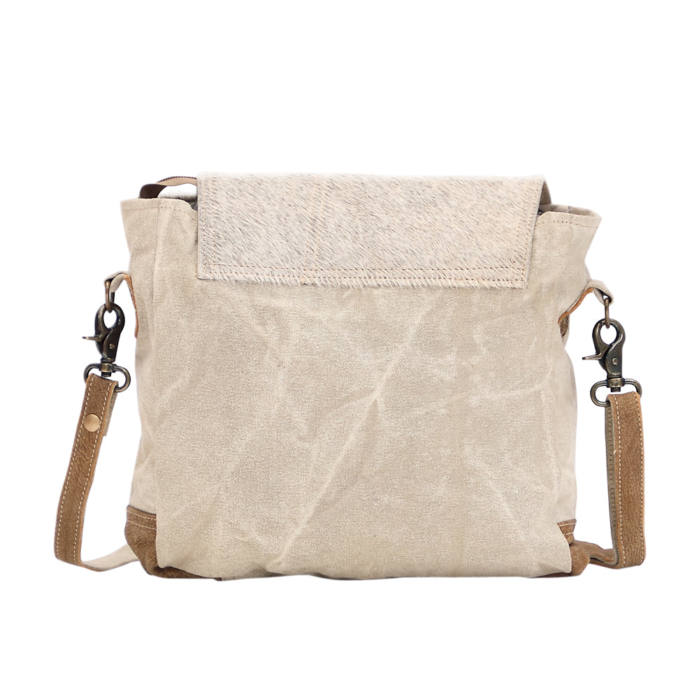 Myra Factual Hairon Leather Messenger Bag â€“ Swirl Canvas, White Hairon Flap, Rustic Straps for Everyday Western Style