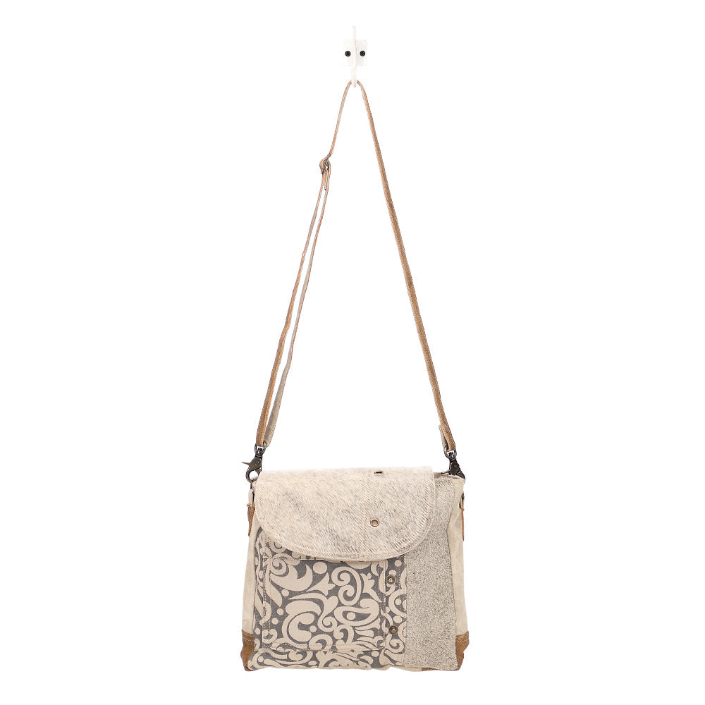 Myra Factual Hairon Leather Messenger Bag â€“ Swirl Canvas, White Hairon Flap, Rustic Straps for Everyday Western Style