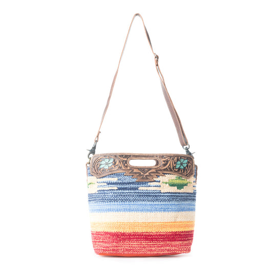 Myra Azure Petals Woven Crossbody Bag with Handtooled Leather â€“ Multicolor Embroidery, Adjustable Strap & Cutout Handle