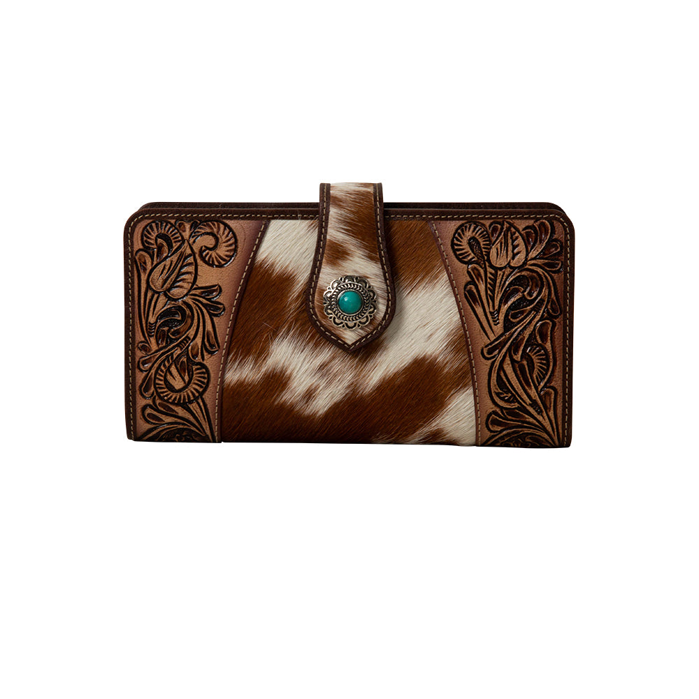 Myra Roscoe Ridge Hairon Leather Wallet for Women – Handtooled Trim, Turquoise Stone Button for Ranch-Ready Style