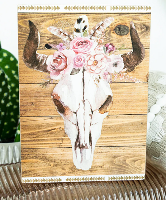 7X5 Floral Steer Skull Wood Box Sign