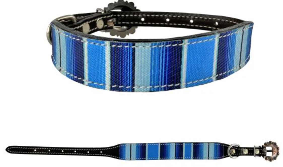 Dark Oil Leather Dog Collar with Blue Serape Nylon overlay and Copper hardware
