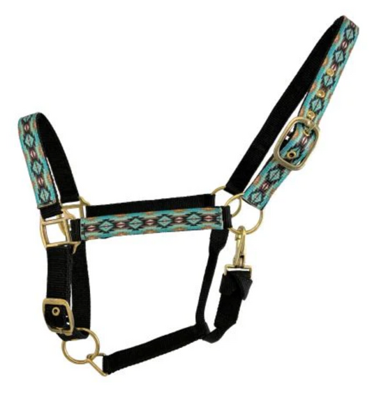 3 ply Teal and Brown Navajo Overlay Print Nylon Horse Sized Halter