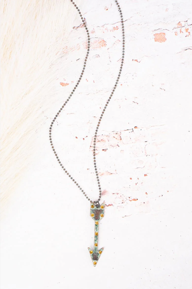 Topaz Crystal Accented Patina Coppertone Arrow Pendant Necklace