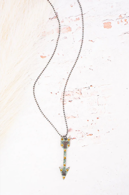 Topaz Crystal Accented Patina Coppertone Arrow Pendant Necklace