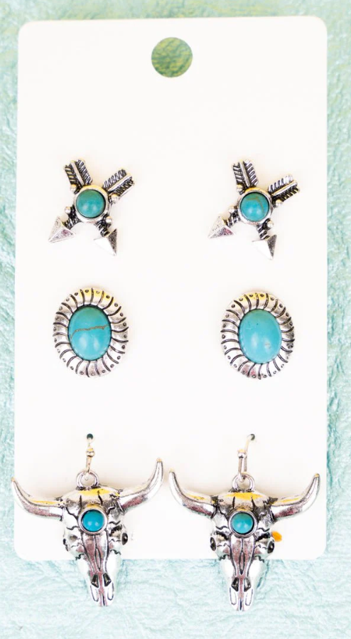 Turquoise Solon Springs Silvertone Earrings 3 pair Set
