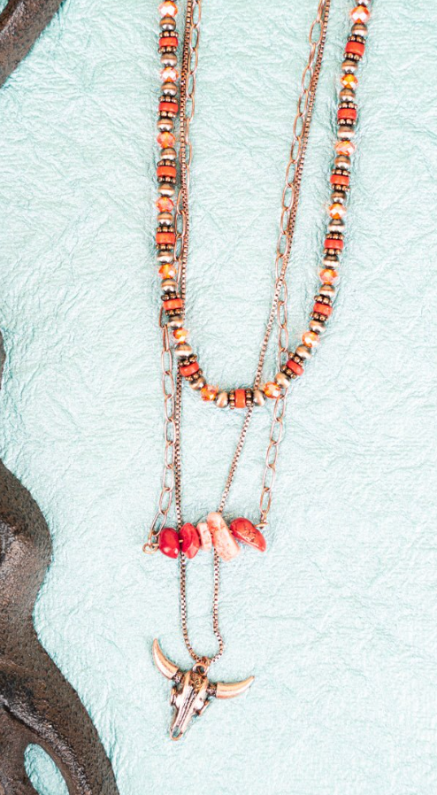 Burnt Orange or Turquoise Silvia steer Skull Layered Necklace