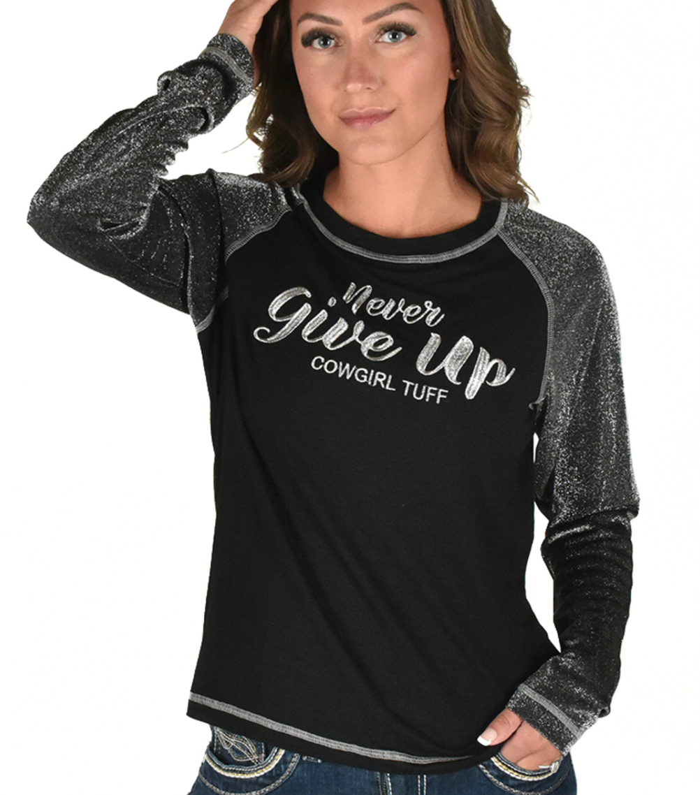 Long Sleeve Tee with Never Give Up Embroidery (Black Lightweight Slub with silver Shimmer Breathe Sleeves )